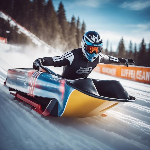 Photo skeleton sport bobsled luge the athlete descends on a sleigh on an ice track winter sports generated by ai