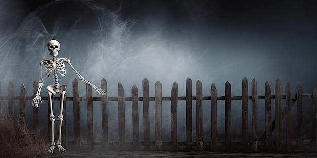 Skeleton standing in front of the fence in the fog Generative AI