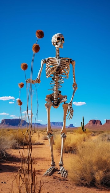 A skeleton stands in a desert landscape with a desert landscape in the background