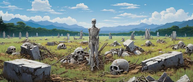 Photo a skeleton stands in a field of dead bones