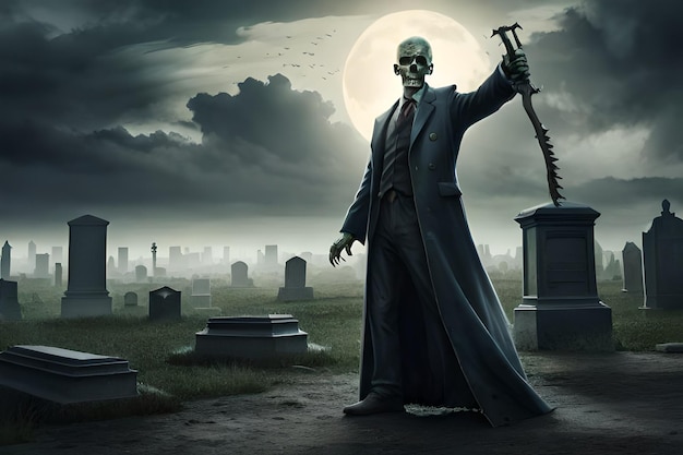 A skeleton stands in front of a graveyard with a full moon behind him.