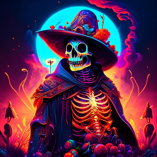 Skeleton sugar skull psychedelic halloween colorful background Generative Ai