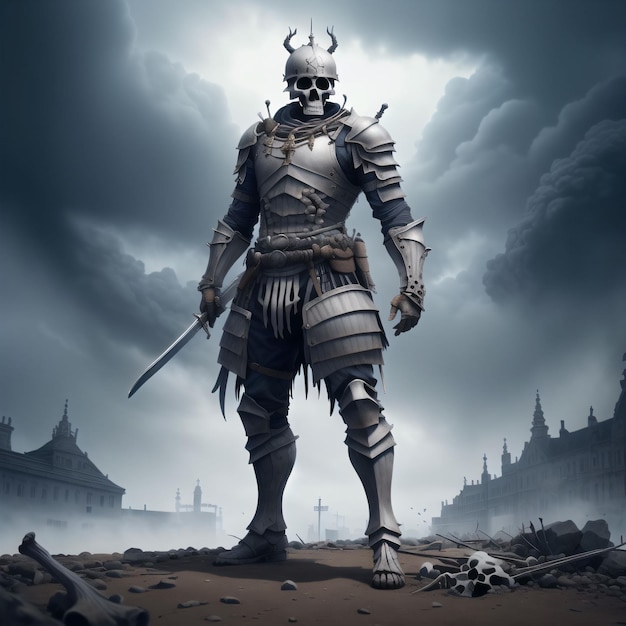 A skeleton in a suit with a sword in his hand stands in front of a dark cloudy sky.