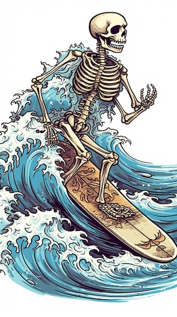 skeleton surfen op een golf met een skelet op een surfplank generatieve ai