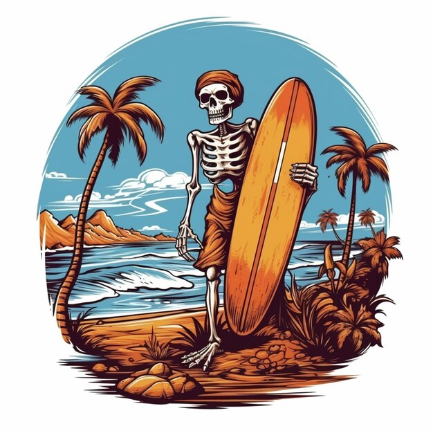Foto surfista scheletro con tavola da surf sulla spiaggia con palme generative ai