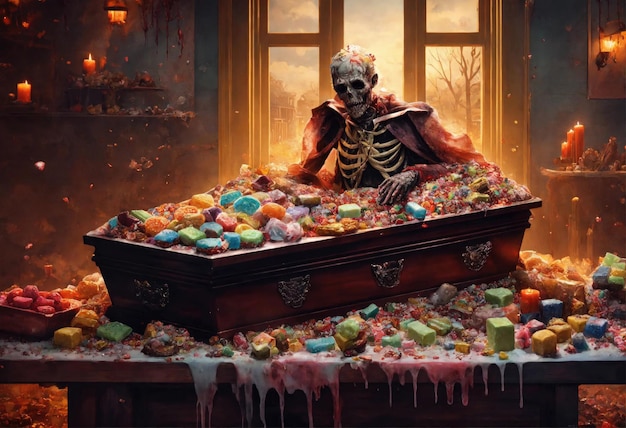 Фото Скелет, окруженный сахарными конфетами и конфетами ущерб от употребления сахара
