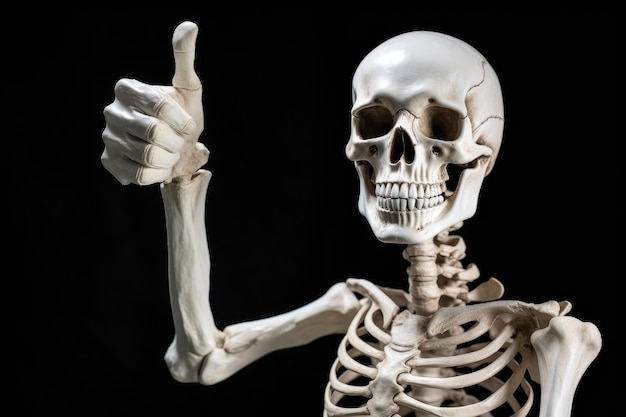 Фото Скелет поднимает большой палец: юмористический знак одобрения, сделанный с помощью генеративного искусственного интеллекта