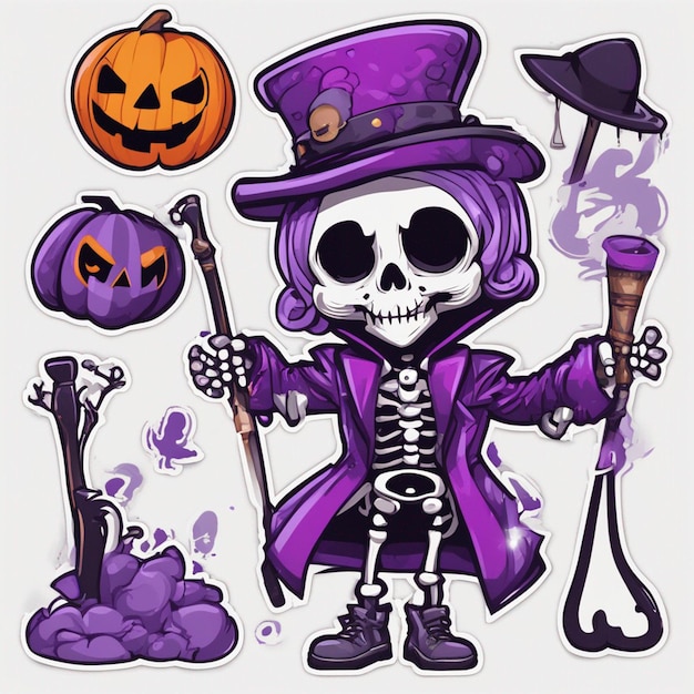 Photo a skeleton ware purple suit in hand stick and ware hat tshirt design halloween background