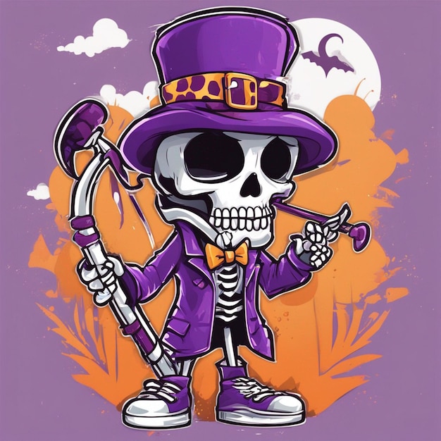 A skeleton ware purple suit in hand stick and ware hat tshirt design halloween background