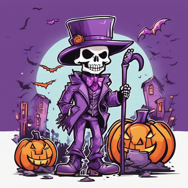 A skeleton ware purple suit in hand stick and ware hat tshirt design halloween background