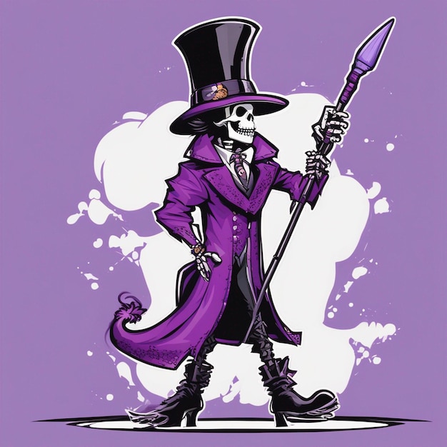 A skeleton ware purple suit in hand stick and ware hat tshirt design halloween background