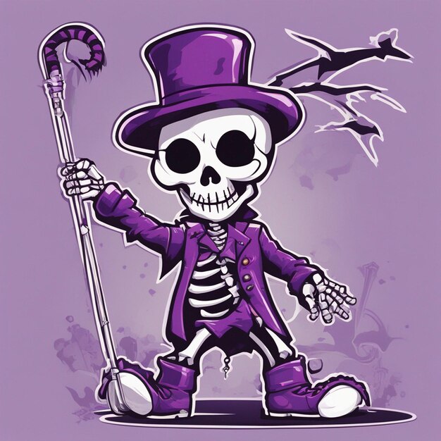 Photo a skeleton ware purple suit in hand stick and ware hat tshirt design halloween background