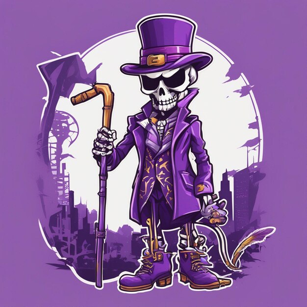 A skeleton ware purple suit in hand stick and ware hat tshirt design halloween background