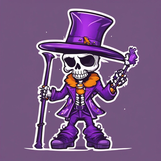 Foto un vestito viola di scheletro degli articoli in bastone della mano e maglietta del cappello degli articoli progetta il fondo di halloween