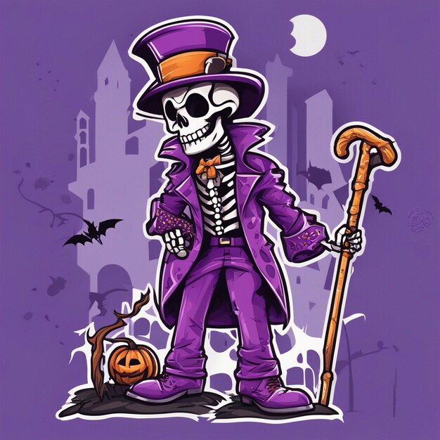 A skeleton ware purple suit in hand stick and ware hat tshirt design halloween background