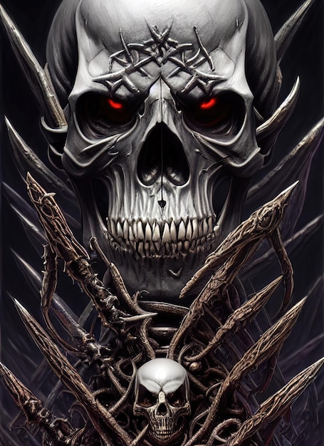 Skeleton warrior skull of evil from hell surrealism fantasy\
scary skull portrait 3d illustration