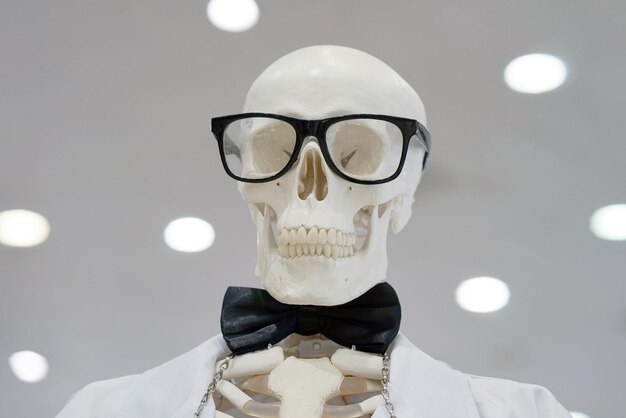 Skeleton wearing glasses and a white lab coat