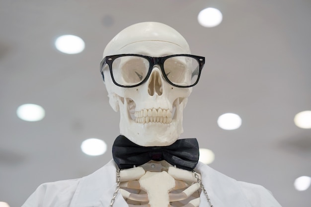 Skeleton wearing glasses and a white lab coat