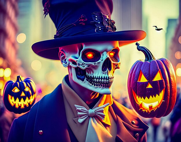 Photo a skeleton wearing a hat and a pumpkin with a spider web on it