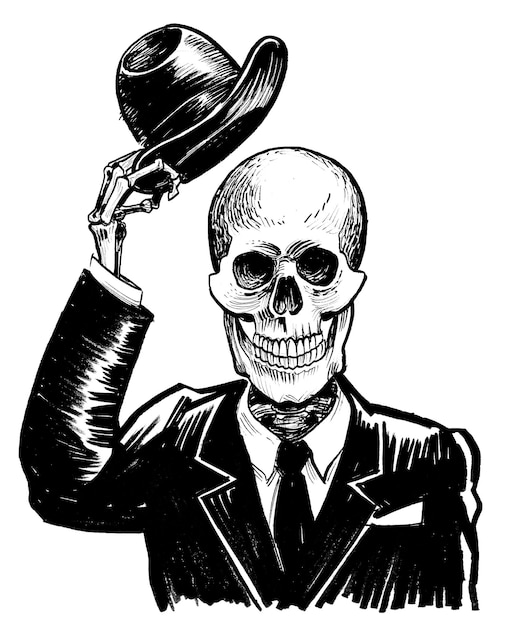 A skeleton wearing a hat and a suit holds up his hat.