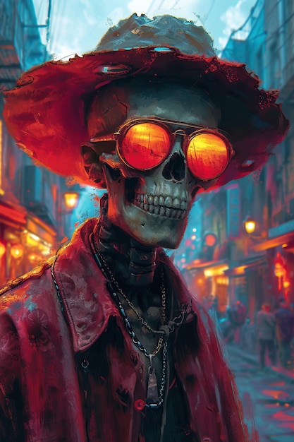 a skeleton wearing a hat and sunglasses