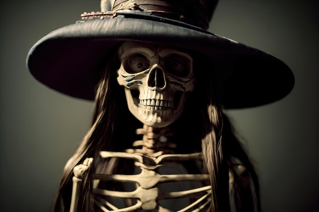 A Skeleton Wearing A Hat With Long Hair