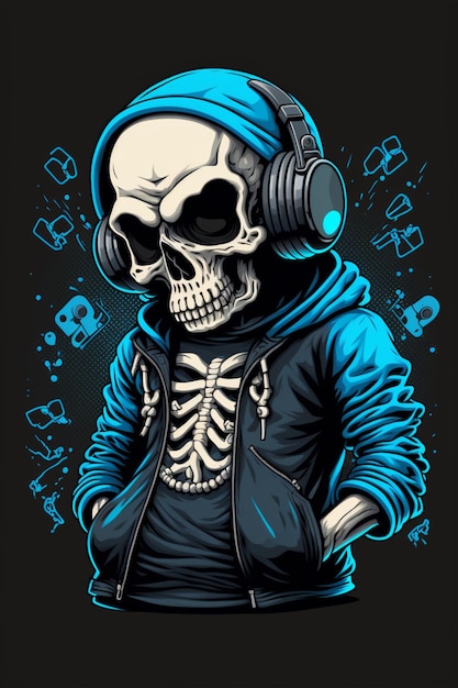 Skeleton wearing headphones and a hoodie generative ai