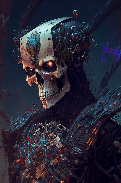 Skeleton wearing a helmet cyberpunk art