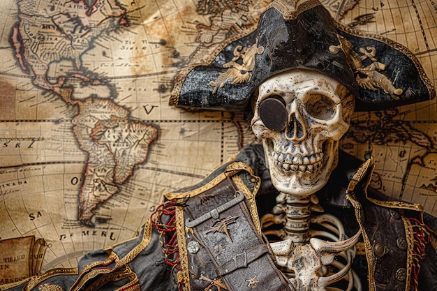 Photo a skeleton wearing a pirate costume is standing in front of a map of the world