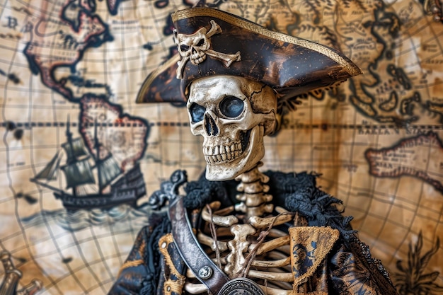 A skeleton wearing a pirate costume is standing in front of a map of the world