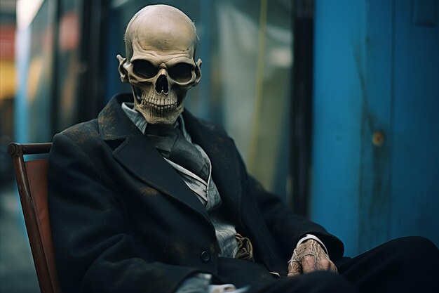 Photo a skeleton wearing a suit and tie sitting on a bench