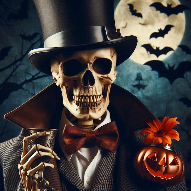 a skeleton wearing a top hat and a black top hat with a pumpkin in the background