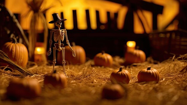 a skeleton wearing a top hat and holding a gun in front of pumpkins on the ground at night time