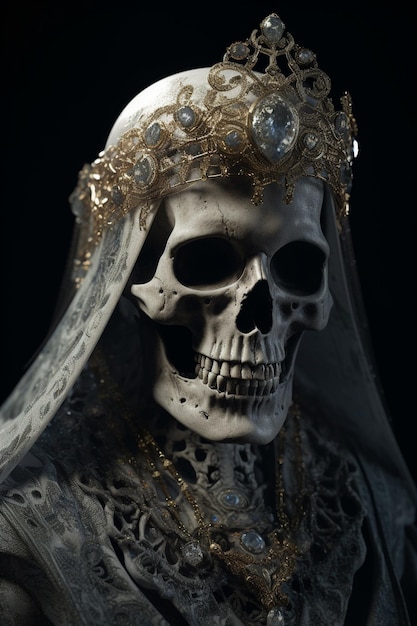 黒い背景の前に、結婚冠をかぶった骸骨がいます。