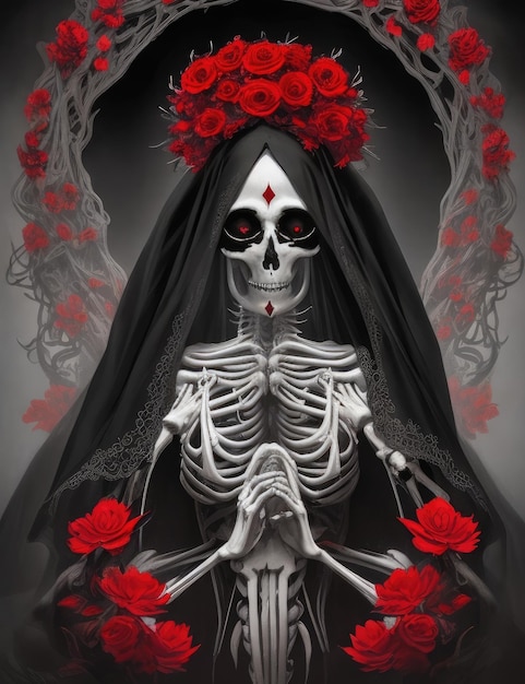 A skeleton with a black dress and red roses on it