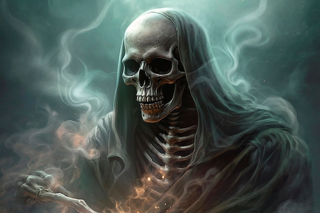 A skeleton with a black hood and a black hoodie is surrounded by smoke.