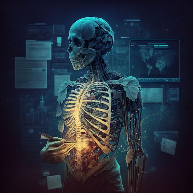 A skeleton with a blue background and the words " the word " on it "