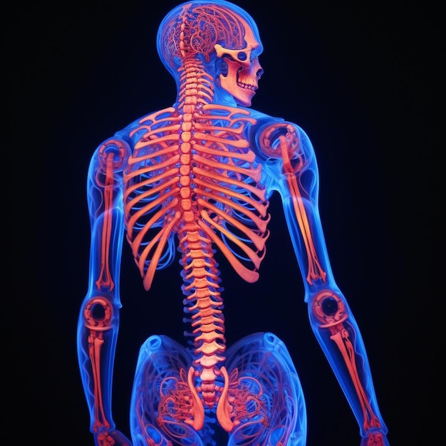 a skeleton with a blue body and a red light.