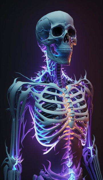 A skeleton with a blue light on it