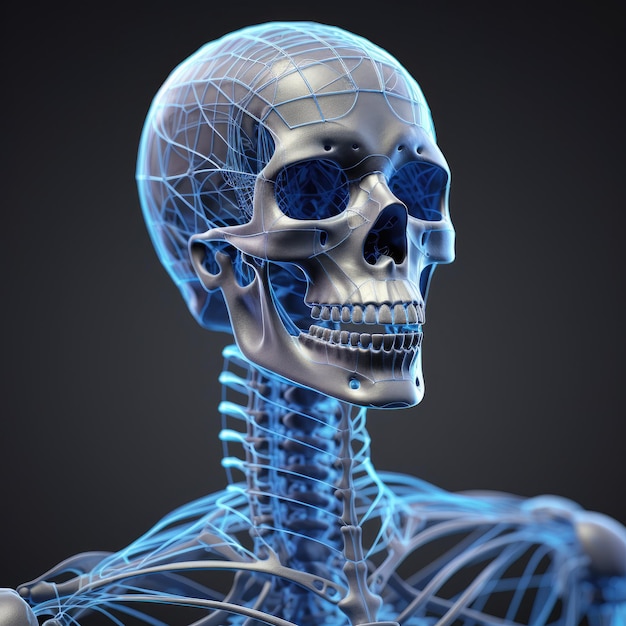 a skeleton with blue lines and wires