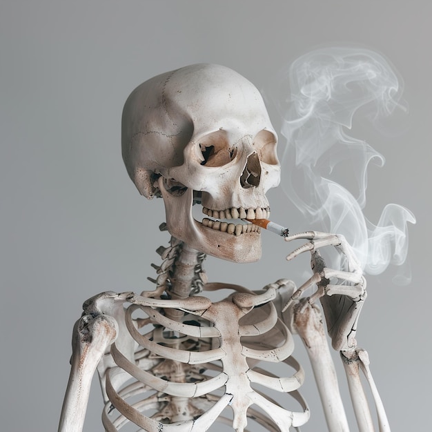 Photo a skeleton with a cigarette in its mouth and smoke coming out of it