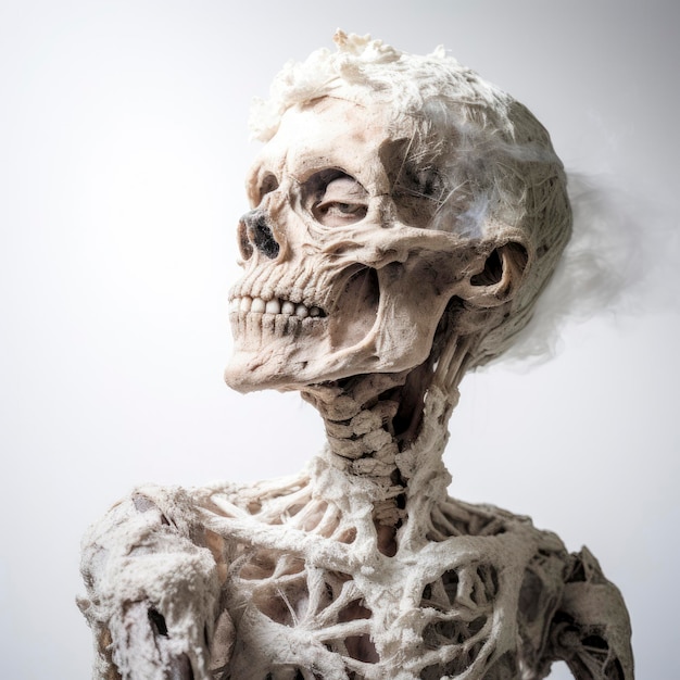 A skeleton with a cigarette in its mouth