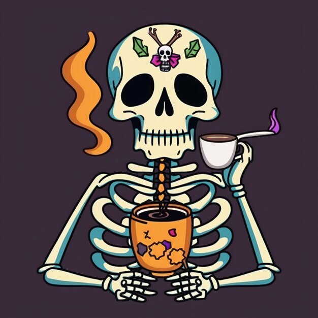 a skeleton with a cup of coffee and a cigarette generative ai