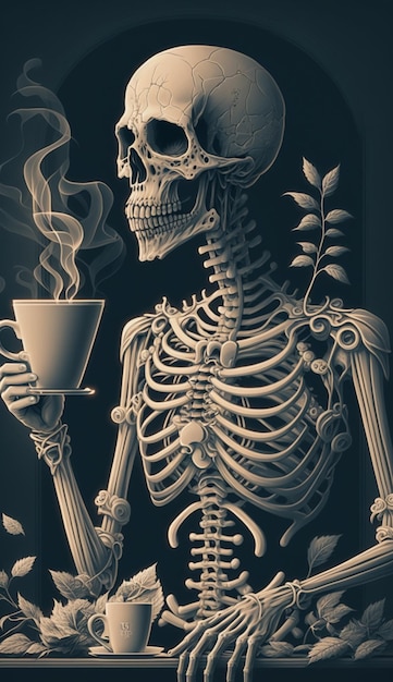 Скелет с чашкой кофе в руке.