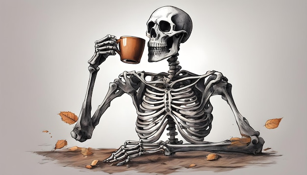 Photo a skeleton with a cup of coffee and a piece of bread in front of him