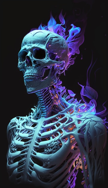 A skeleton with a fire on his chest.