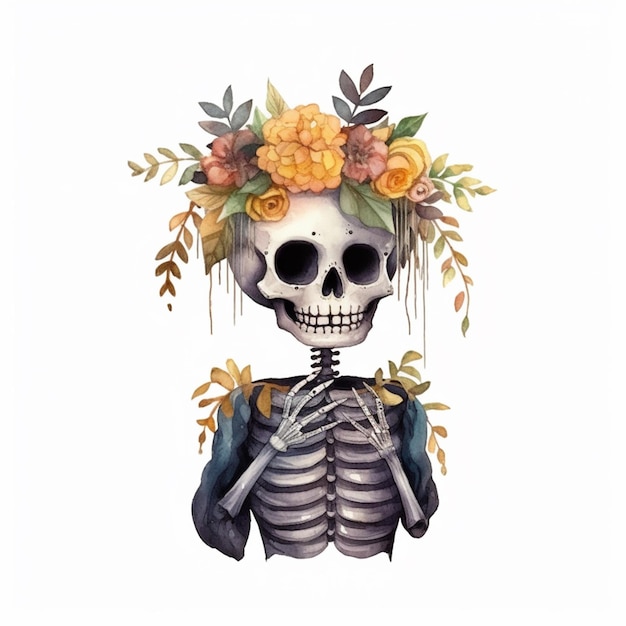 skeleton with floral crown and jacket generative ai