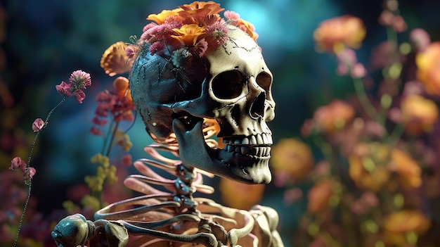 A skeleton with a flower arrangement in the background.