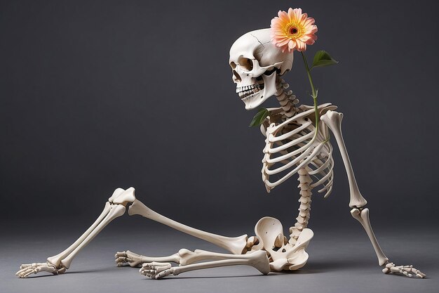 Photo a skeleton with a flower on its back sits in front of a gray background
