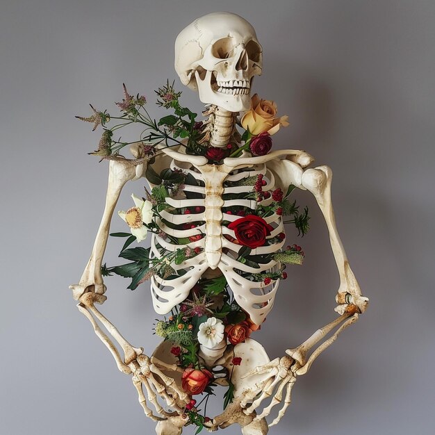 a skeleton with a flower on its back sits in front of a gray background